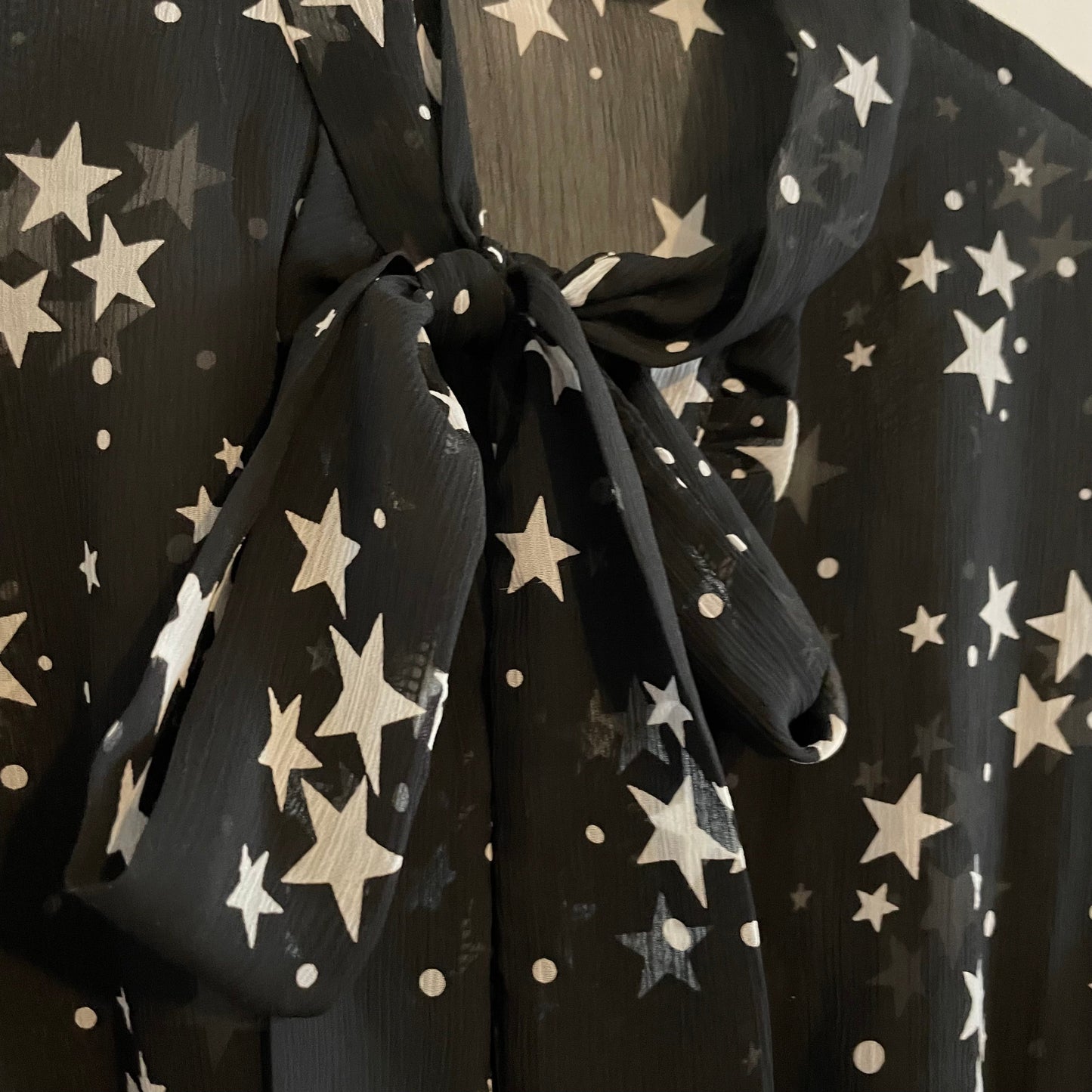 Vintage Black Star Pattern Cinched Sheer Pussy Bow Blouse