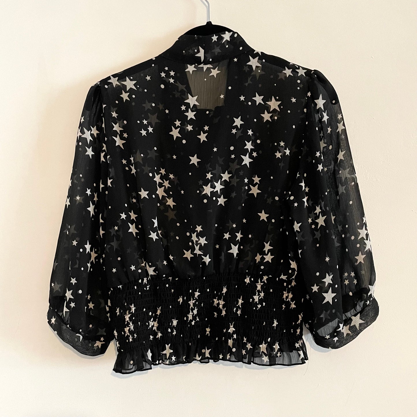 Vintage Black Star Pattern Cinched Sheer Pussy Bow Blouse