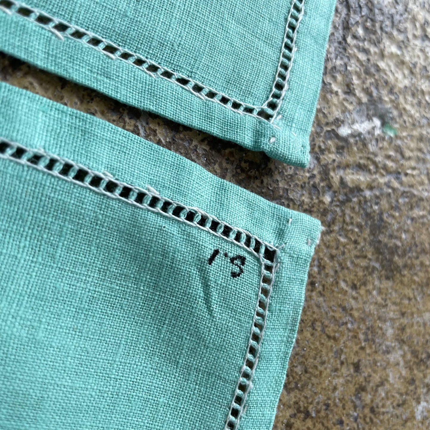 Vintage Set of Five Mint Green Hand Embroidered Placemats Napkins