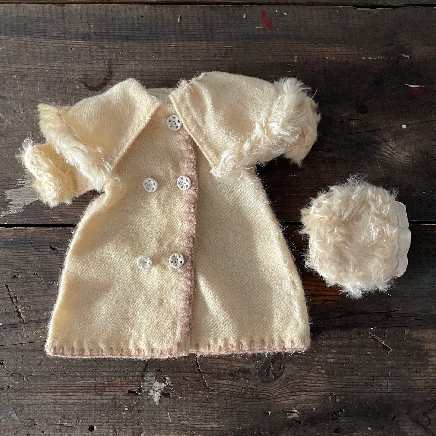 Antique Cream Dolls Coat and Muff with Fur Trim for Collectors