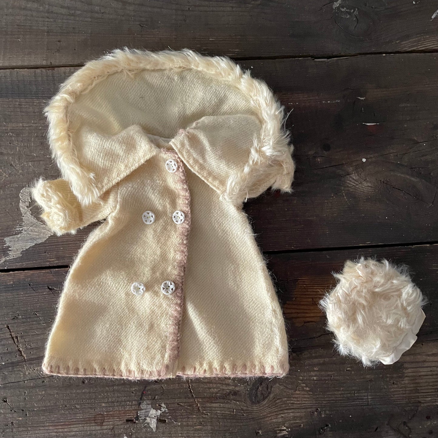 Antique Cream Dolls Coat and Muff with Fur Trim for Collectors