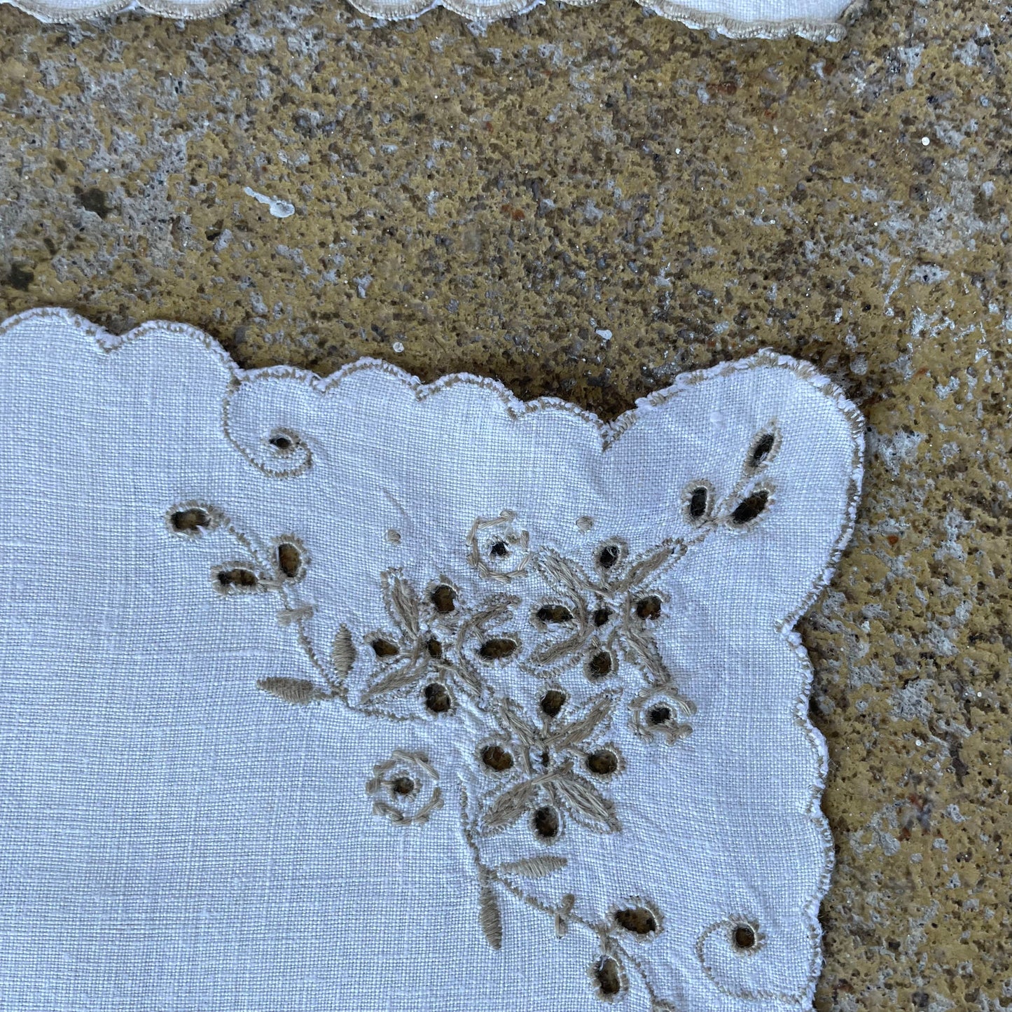 Vintage Set of Two Scallop Edge White Napkins with Beige Detailing