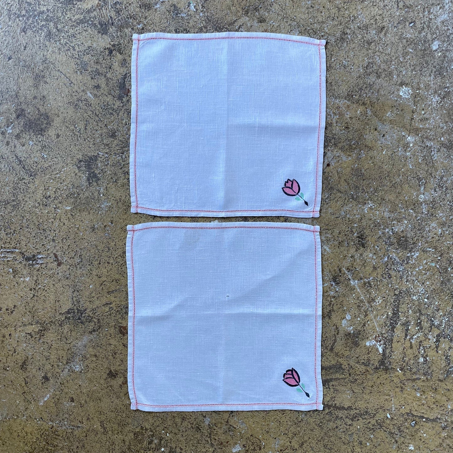 Vintage Set of Two Rose Pink and White Handmade Dressing Table Cloths