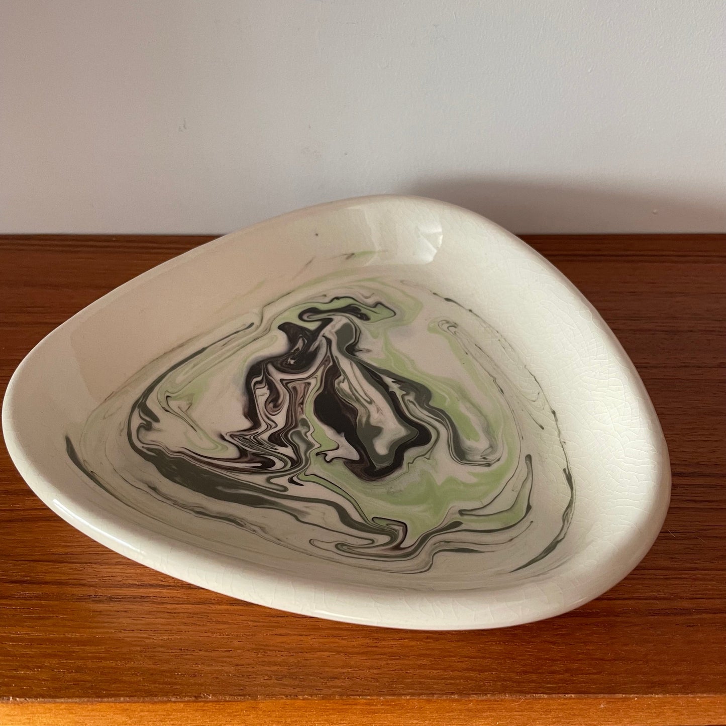 Dish Vintage Handmade Marbled Green White and Black Dish