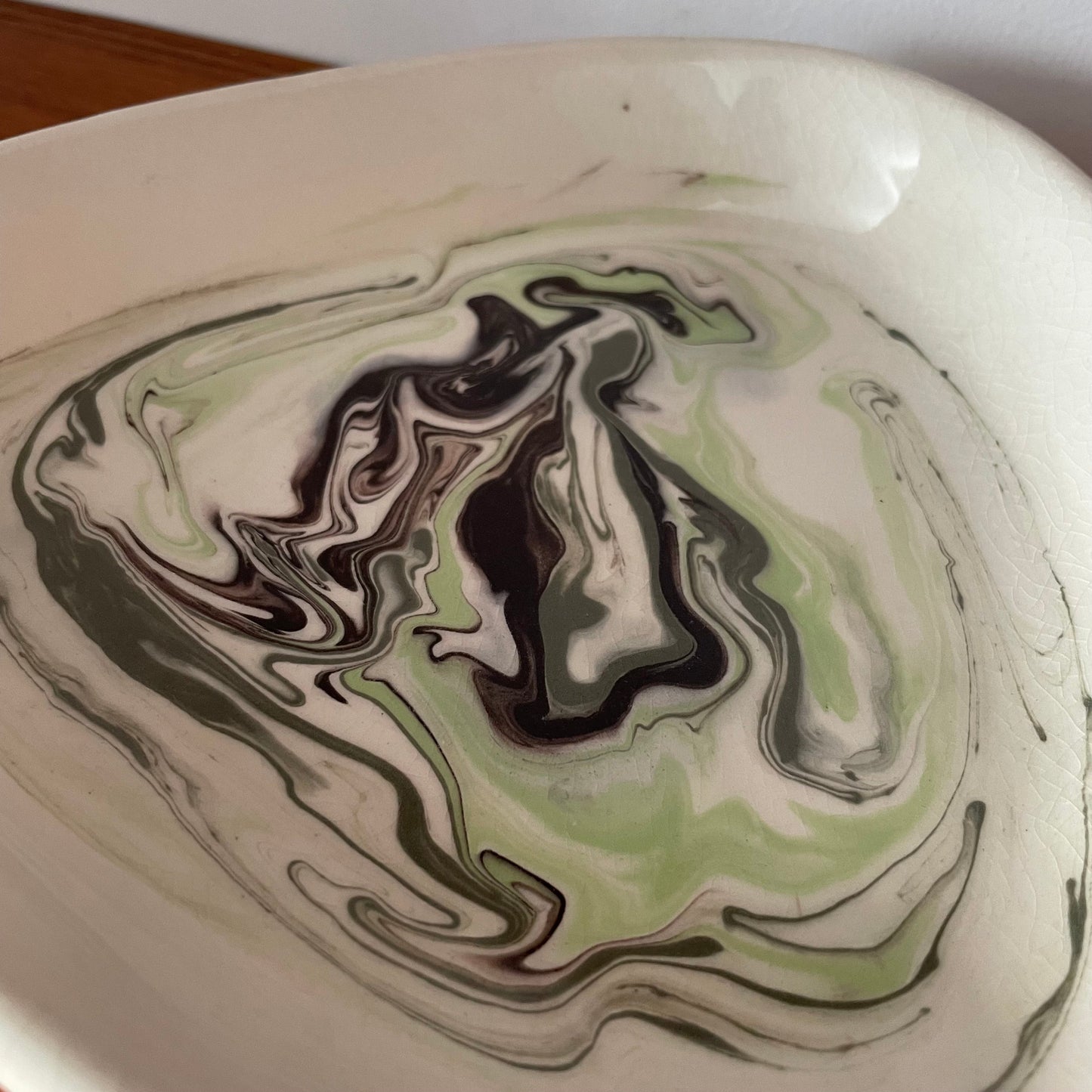 Dish Vintage Handmade Marbled Green White and Black Dish