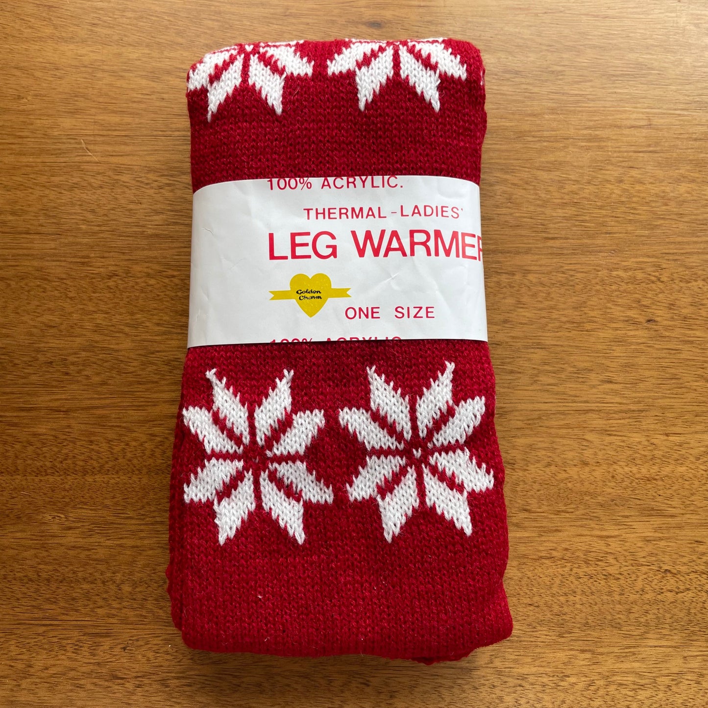 Vintage Deadstock Knitted Winter Star Pattern Legwarmers by Golden Charm One Size Red and White