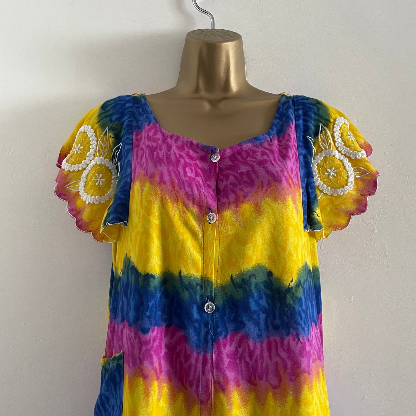 Vintage Handmade Rainbow Summer Dress with Embroidered Sleeves