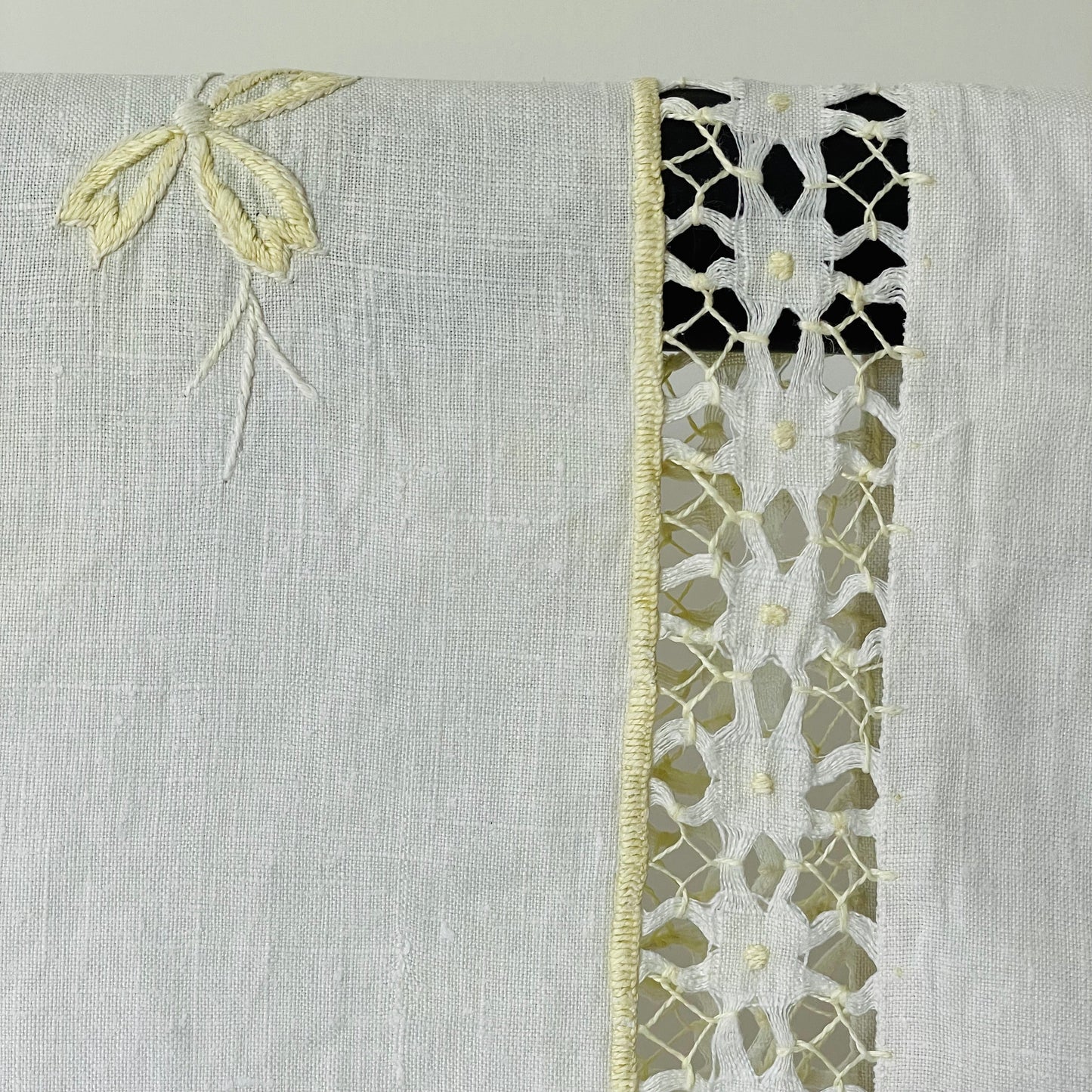 Vintage White and Yellow Floral Hand Embroidered Tablecloth Fabric