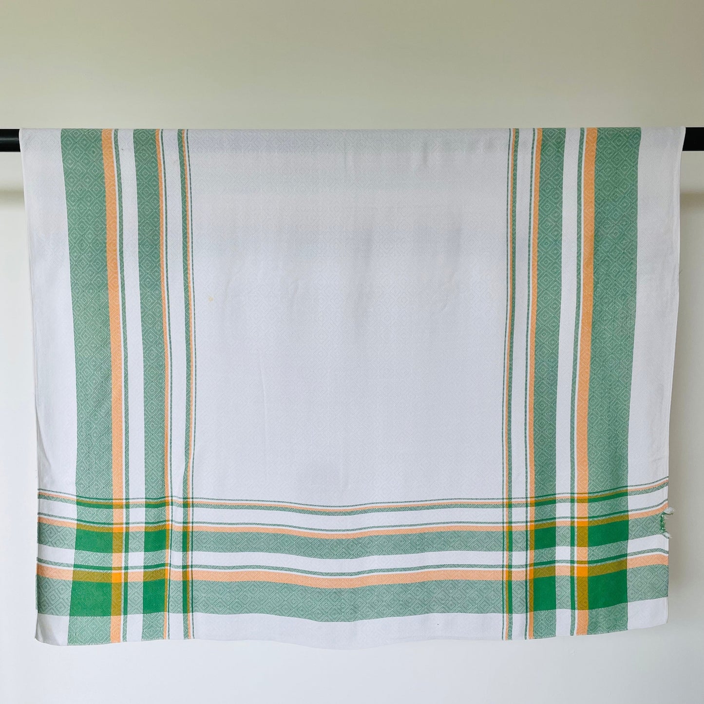 Vintage Green, White and Orange Irish Linen Tablecloth Fabric