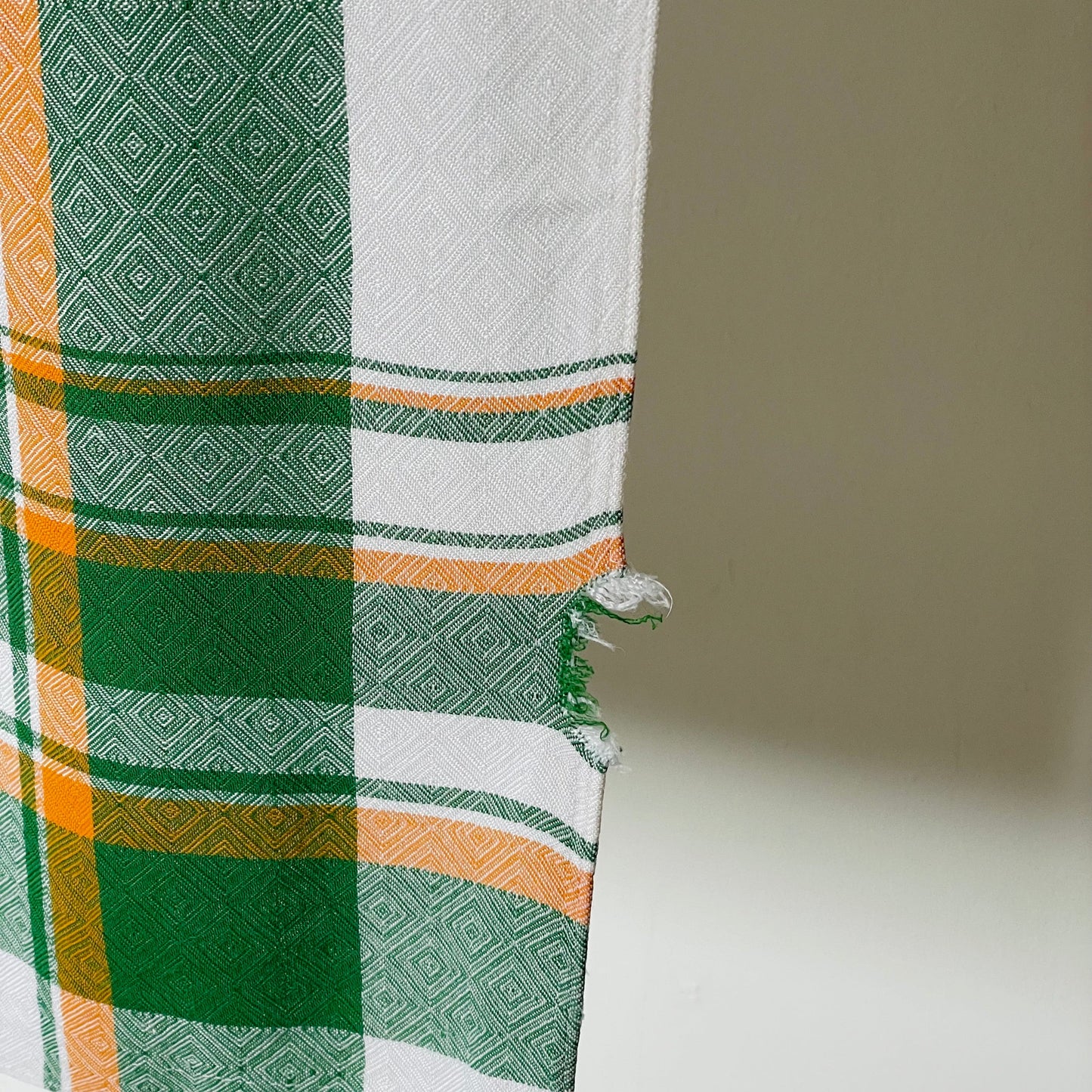 Vintage Green, White and Orange Irish Linen Tablecloth Fabric