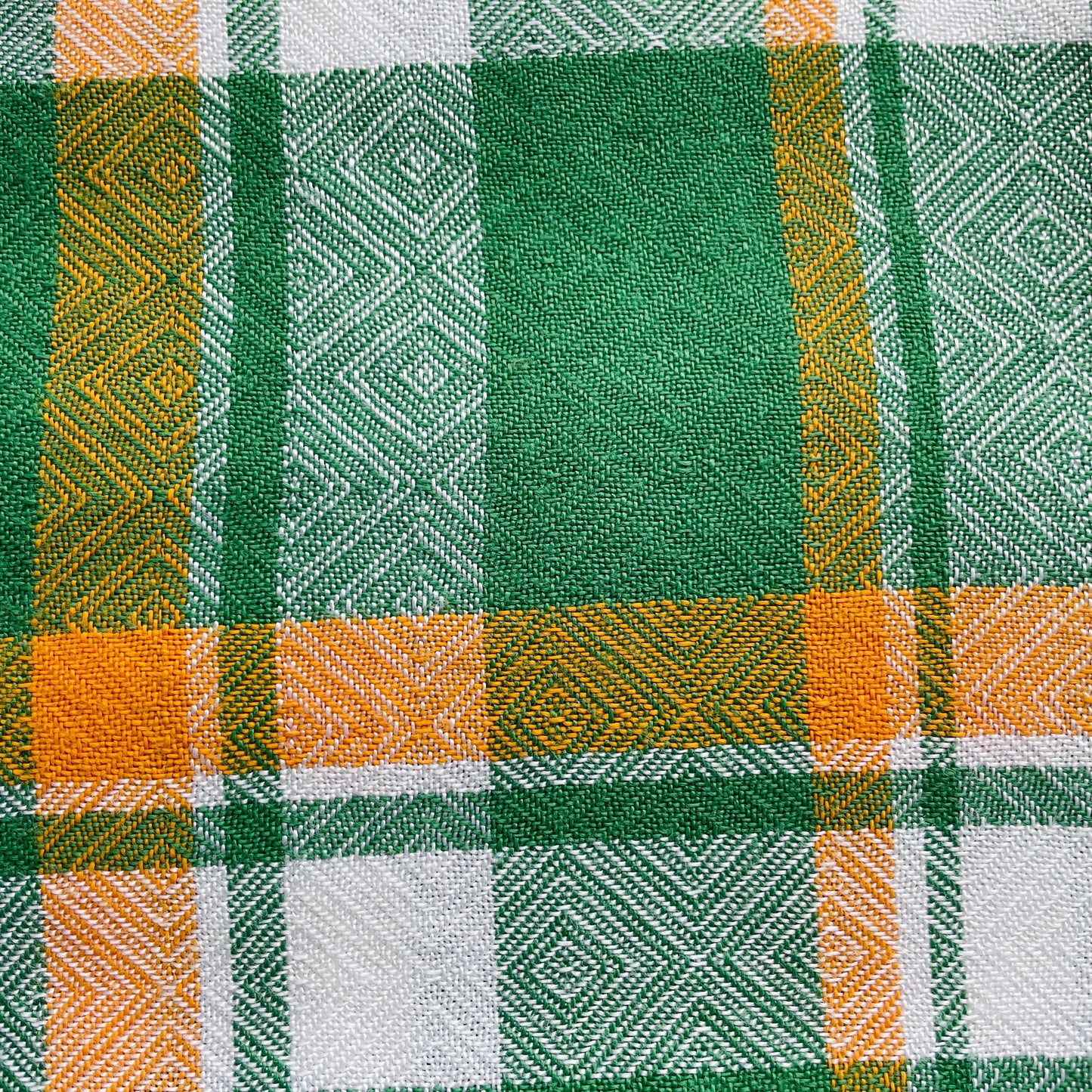 Vintage Green, White and Orange Irish Linen Tablecloth Fabric