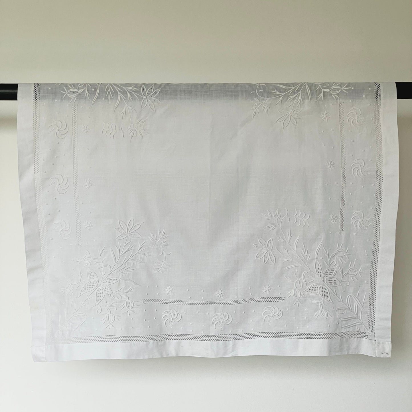 Vintage Handmade Small Floral Hand Embroidered Thistle White Tablecloth
