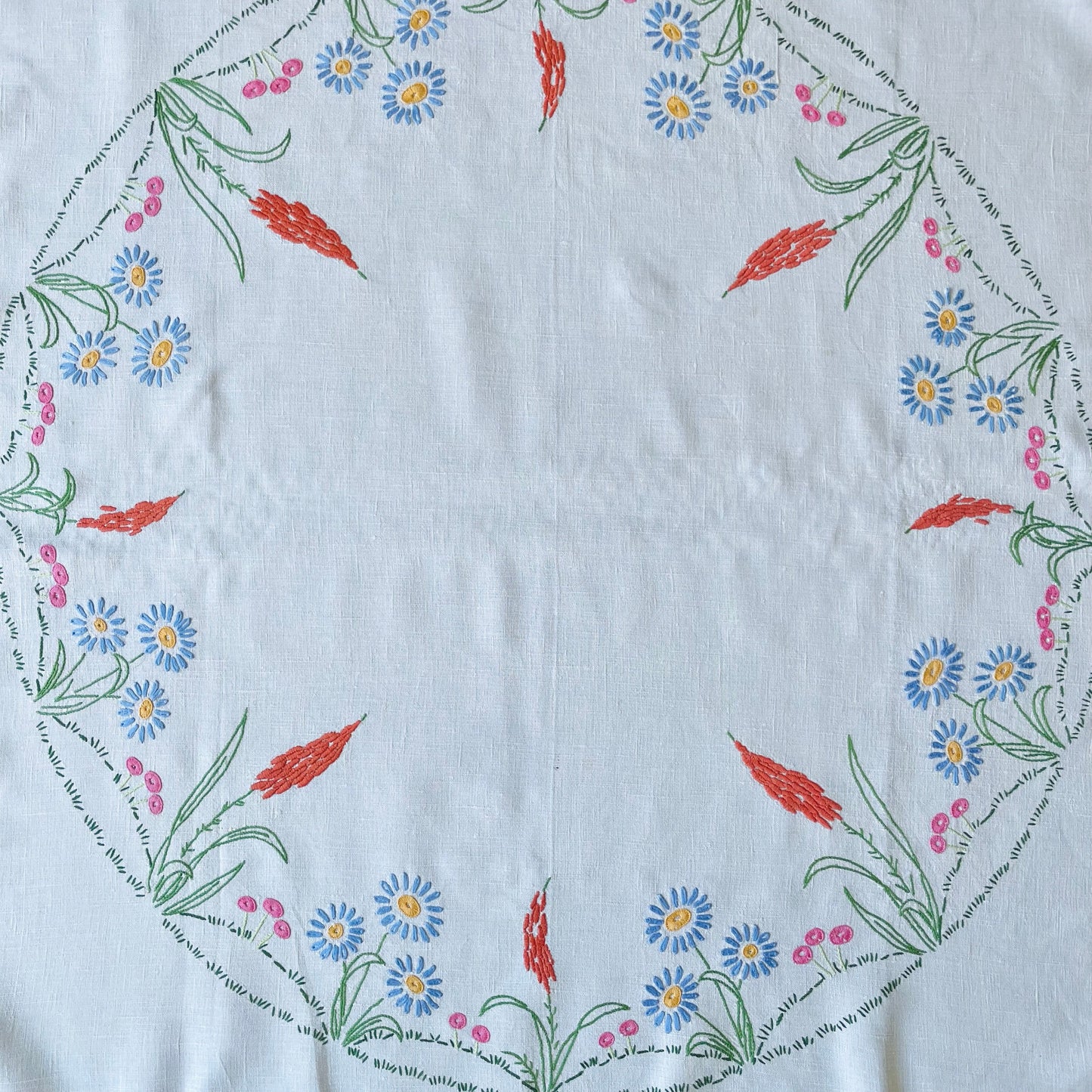 Vintage White Floral Circle Tablecloth with Blue, Green and Orange