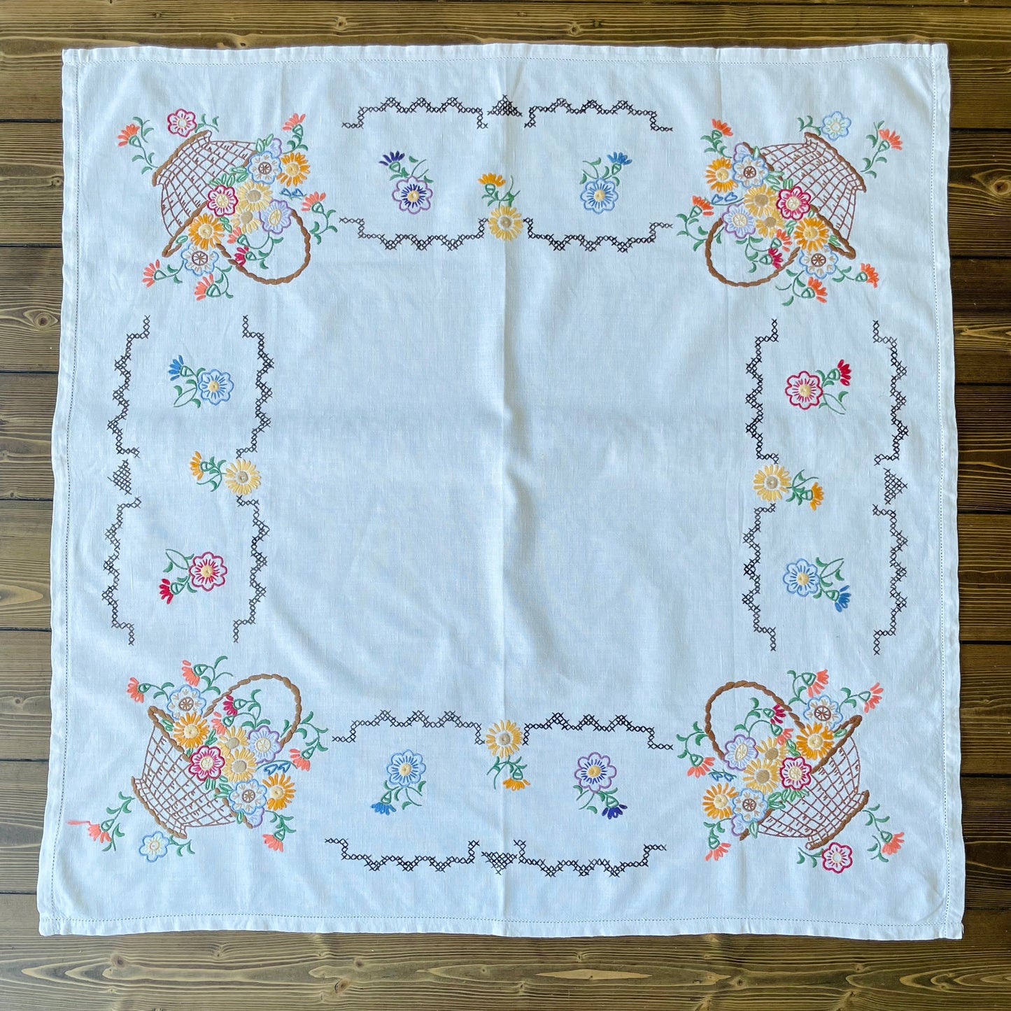 Vintage Hand Embroidered Square Flower Basket Tablecloth