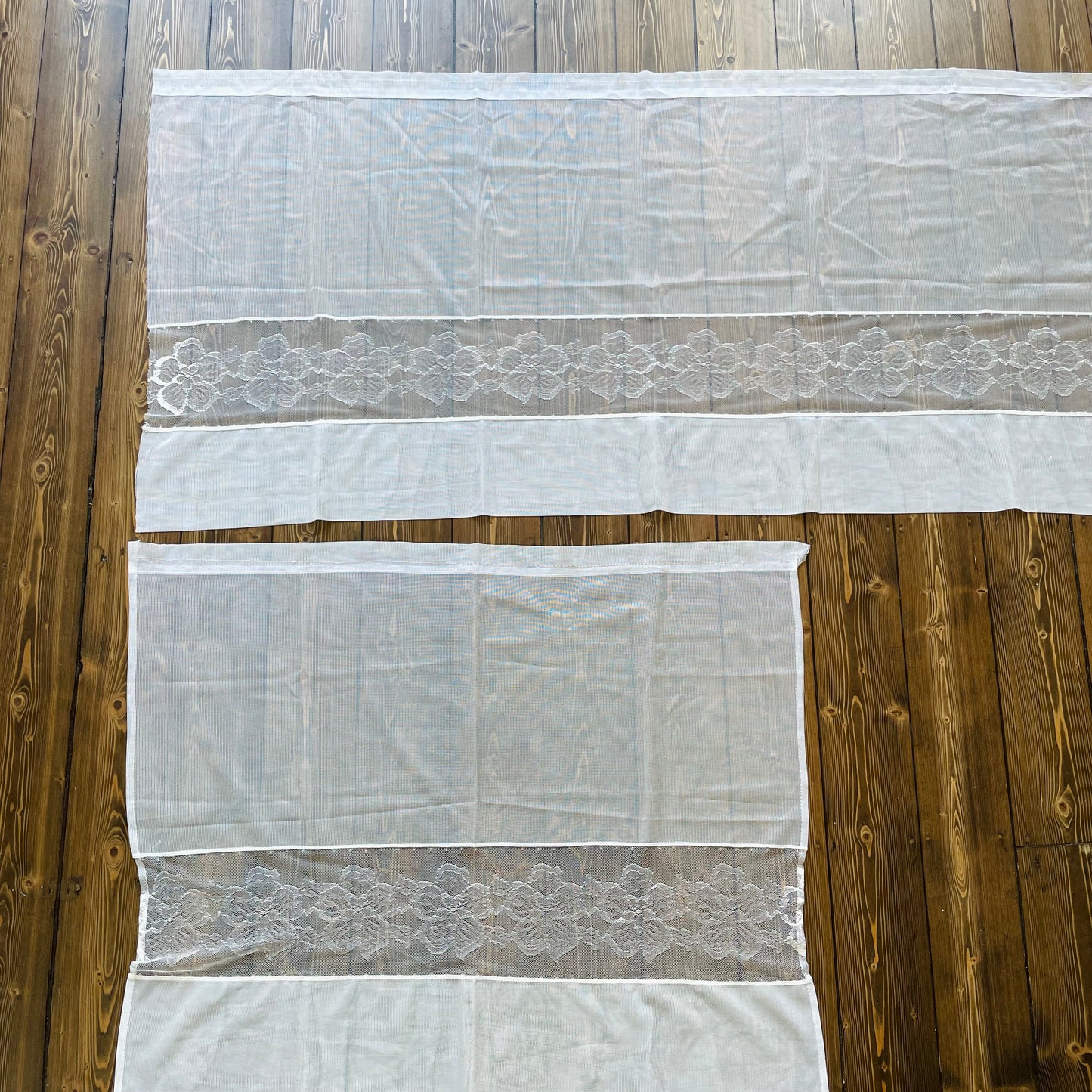 Vintage Two Cream Net Floral Curtain Panels for Café Style
