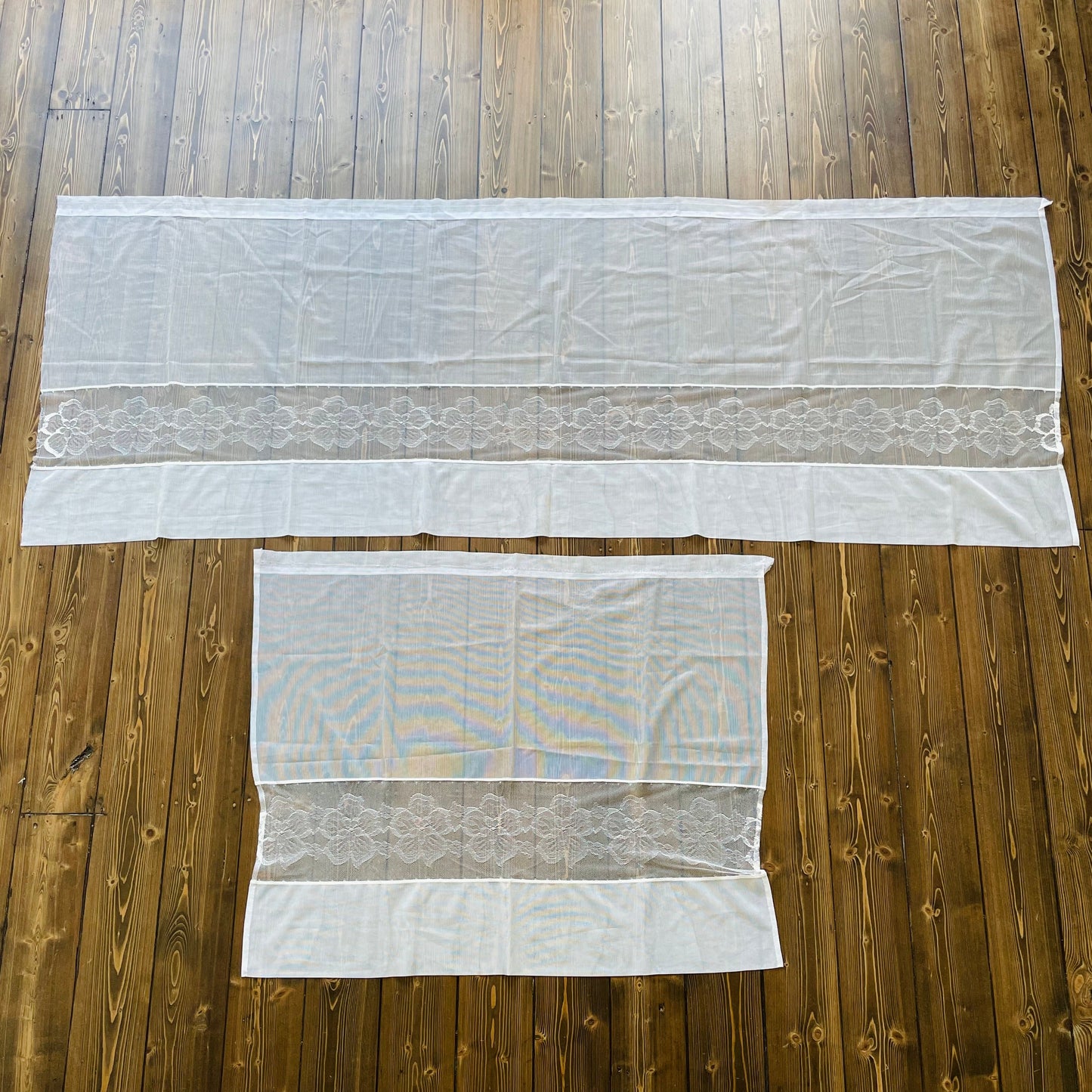 Vintage Two Cream Net Floral Curtain Panels for Café Style