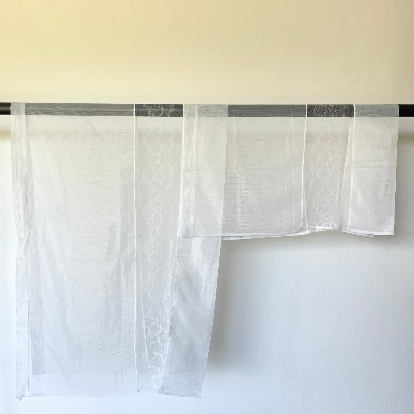 Vintage Two Cream Net Floral Curtain Panels for Café Style