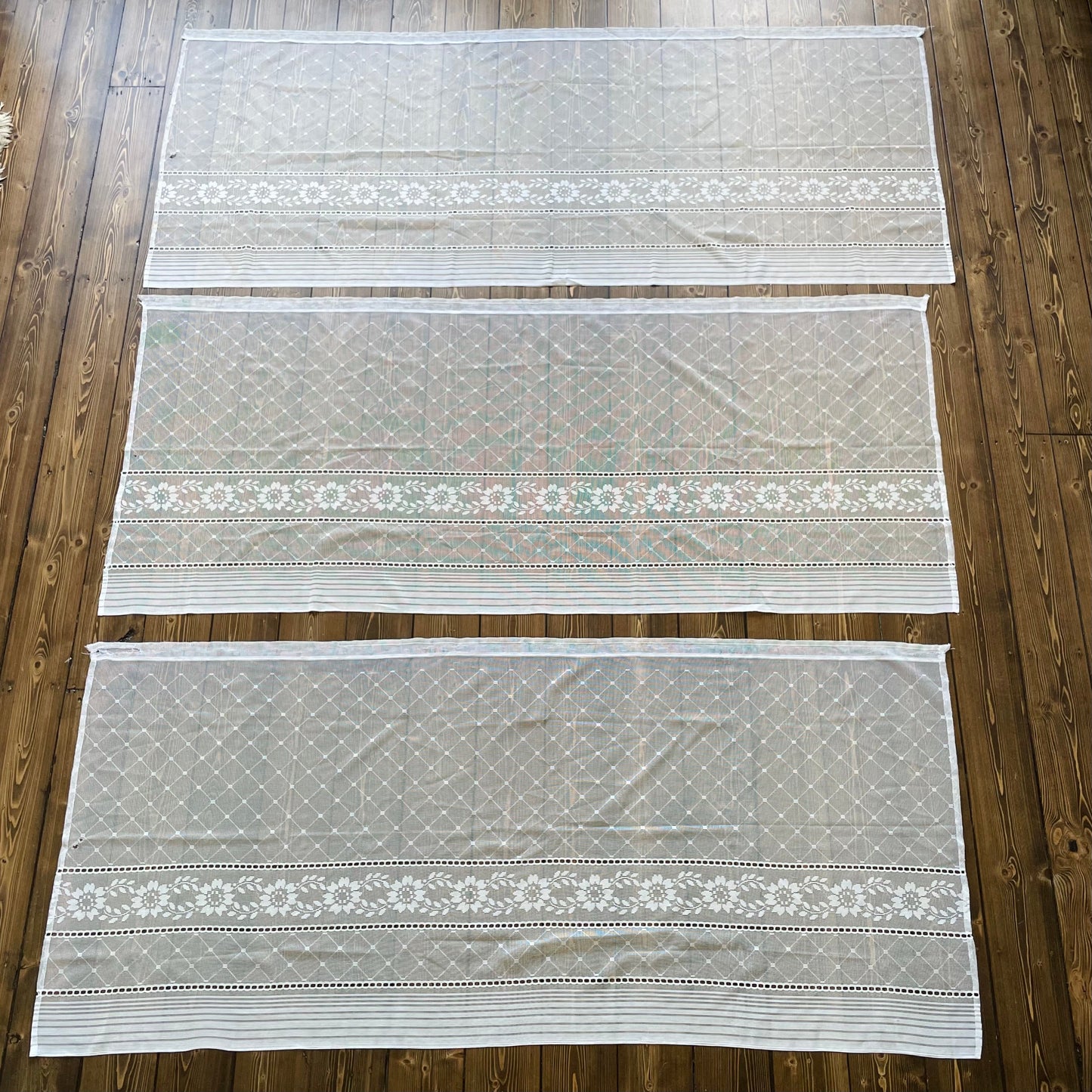 Vintage Cafe Valance Three Cream Net Lace Curtain Panels