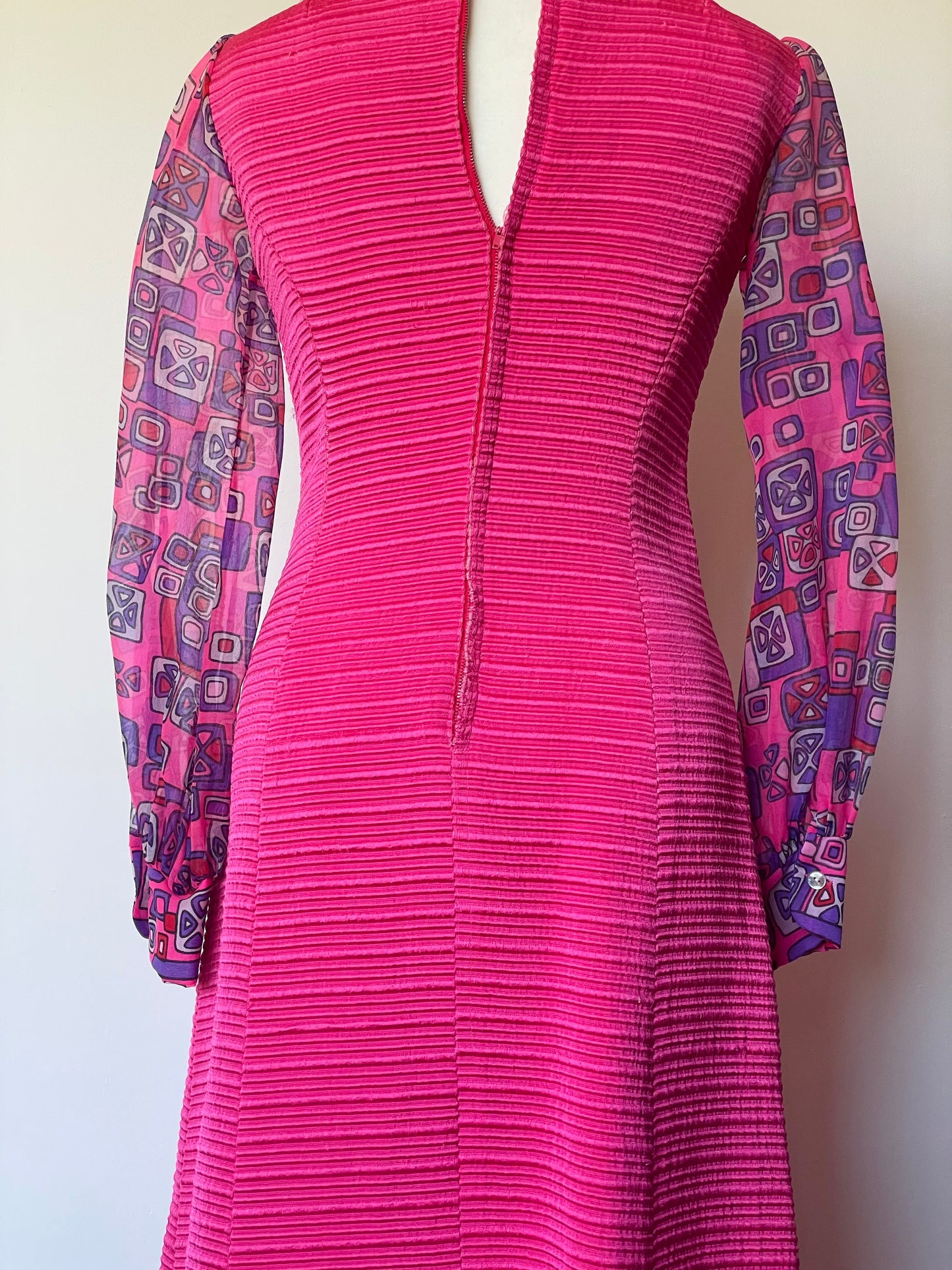 Vintage Hot Pink and Purple Sheer Psychedelic Maxi Dress 60s Style