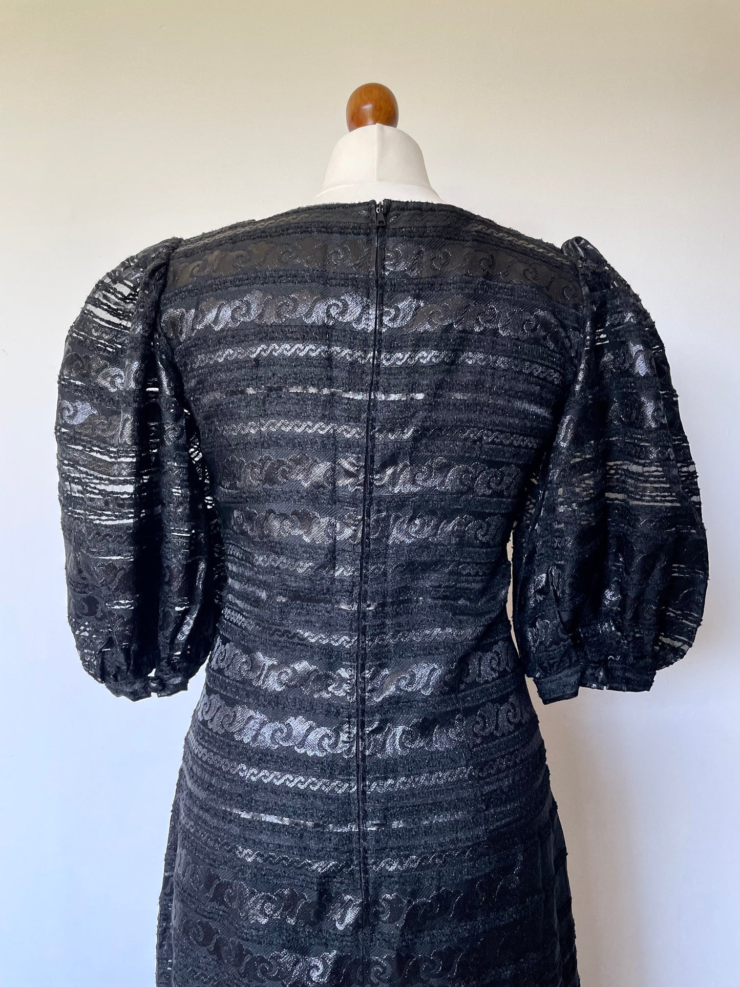 Vintage Vezenina Maribor Black Textured Maxi Dress with Puff Sleeves