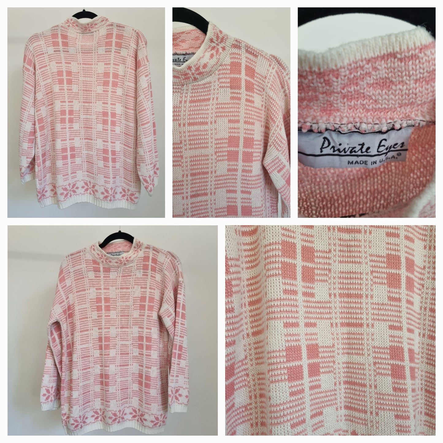 Private Eyes USA Vintage Jumper UK 16 Pink and White Geometric - Vintage Appreciation Society