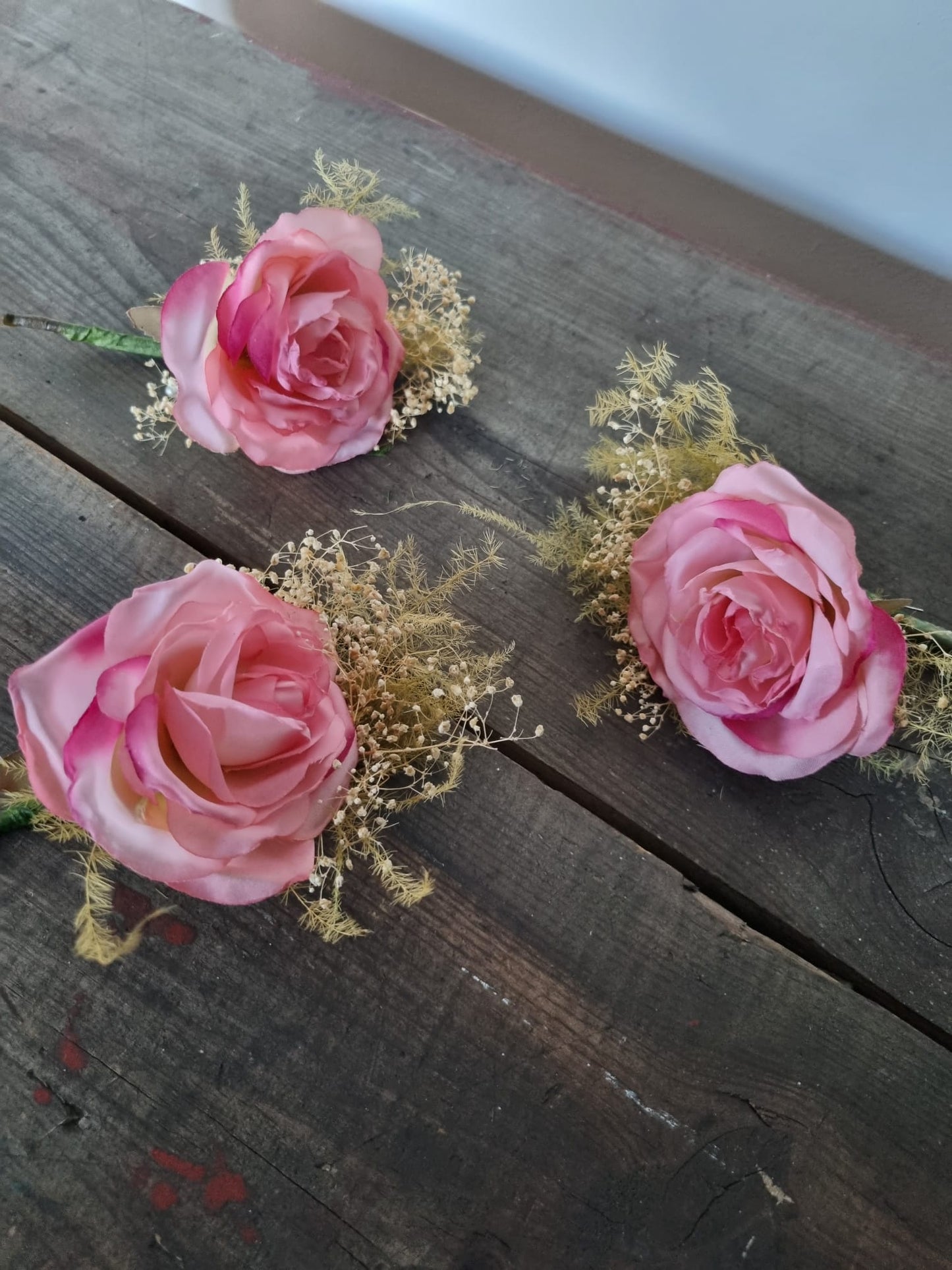 Vintage Pink Floral Wedding Groomsmen Buttonholes Boutonniere Set x 3