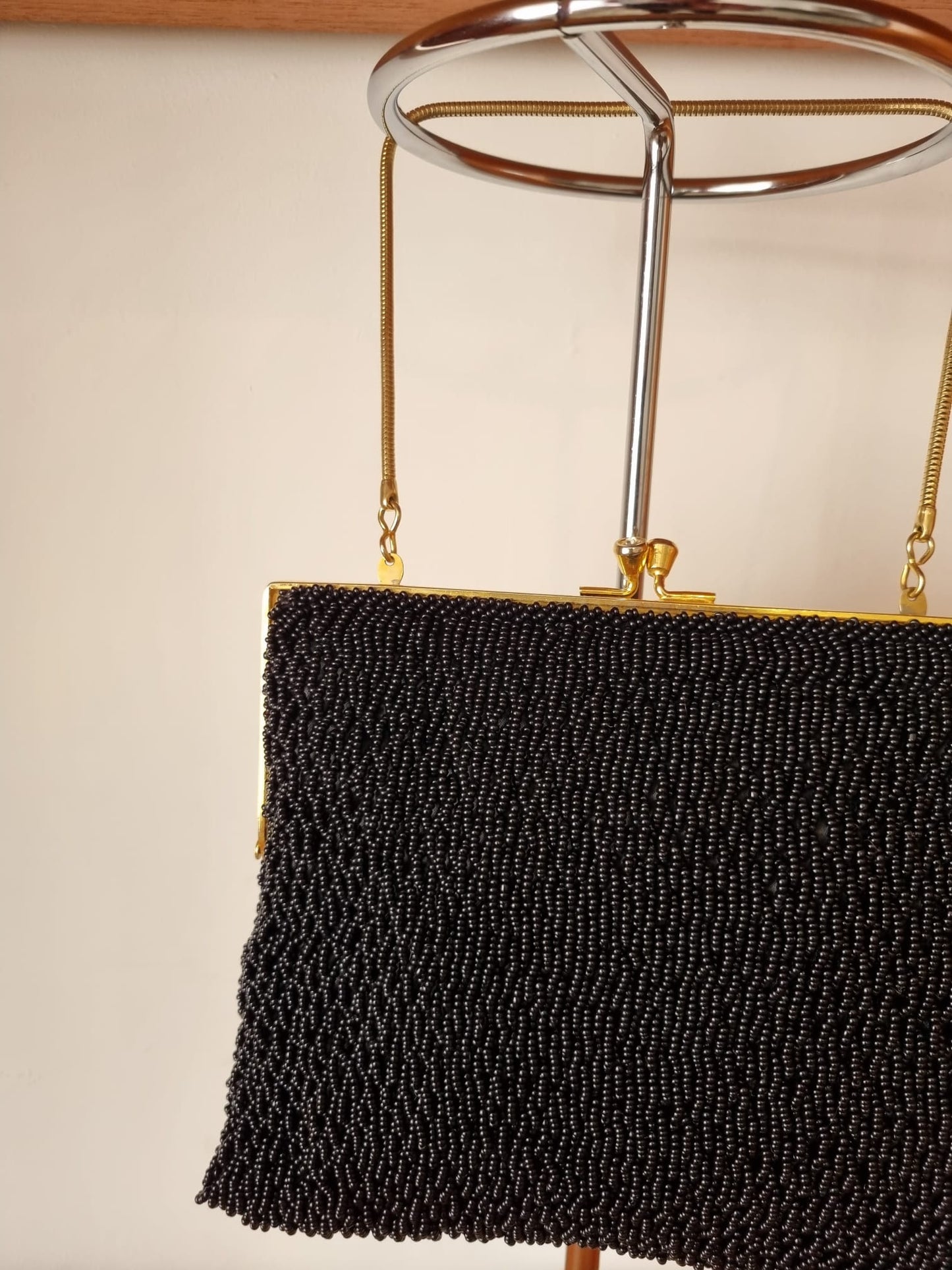 Antique Handmade Black Beaded Gold Detail Evening Handbag Vintage