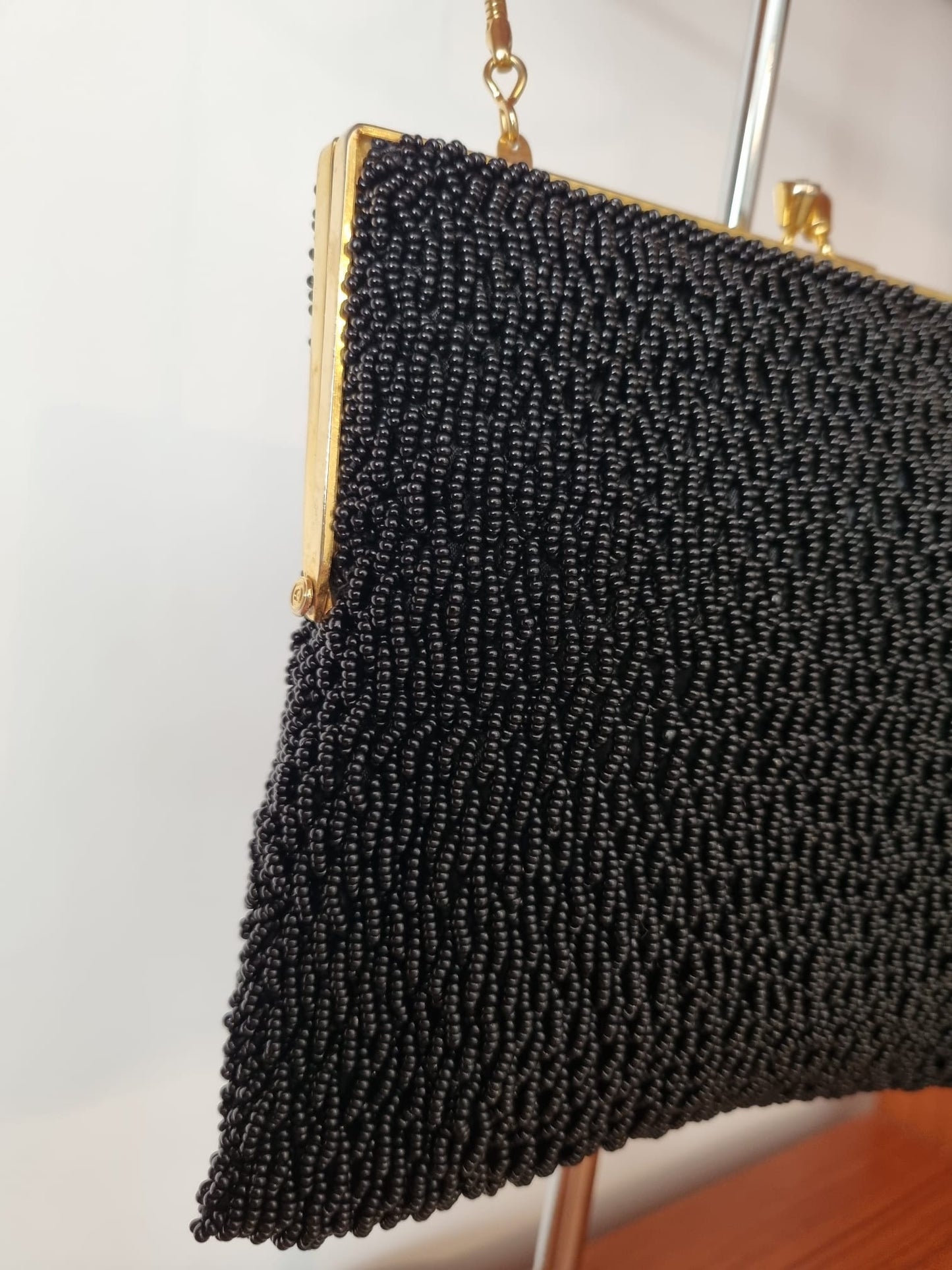 Antique Handmade Black Beaded Gold Detail Evening Handbag Vintage