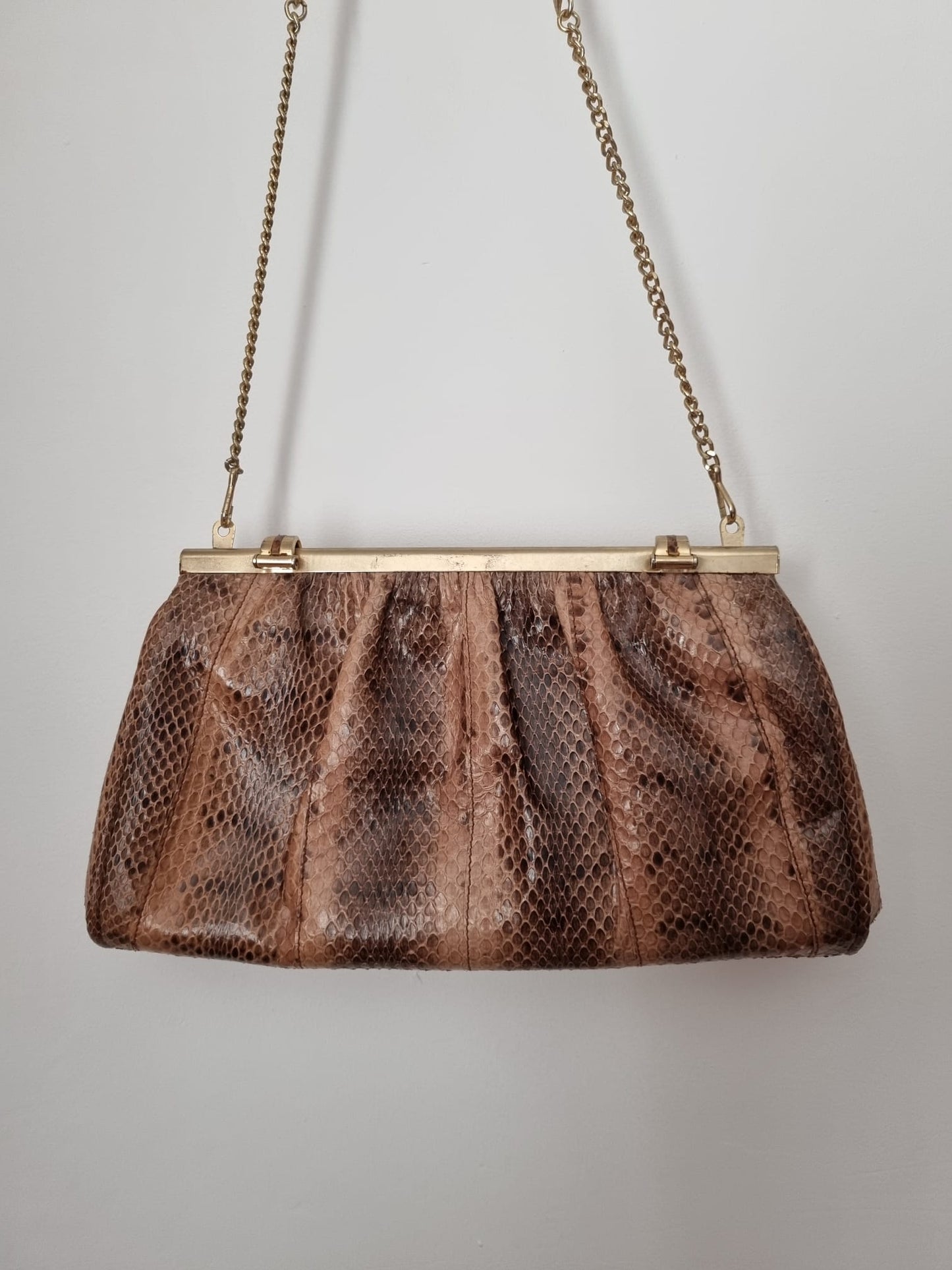 Brown Snakeskin Leather Shoulder Bag with Gold Chain Strap Vintage