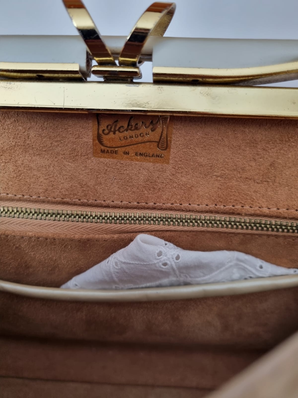 Vintage Cream Ackery Top Handle Pearlised Handbag with Hankerchief. Made in England