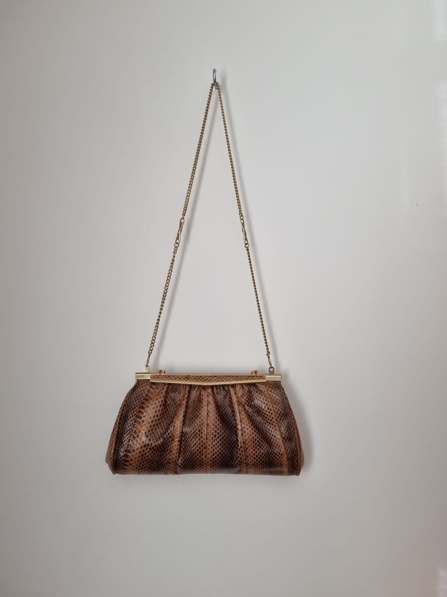 Brown Snakeskin Leather Shoulder Bag with Gold Chain Strap Vintage