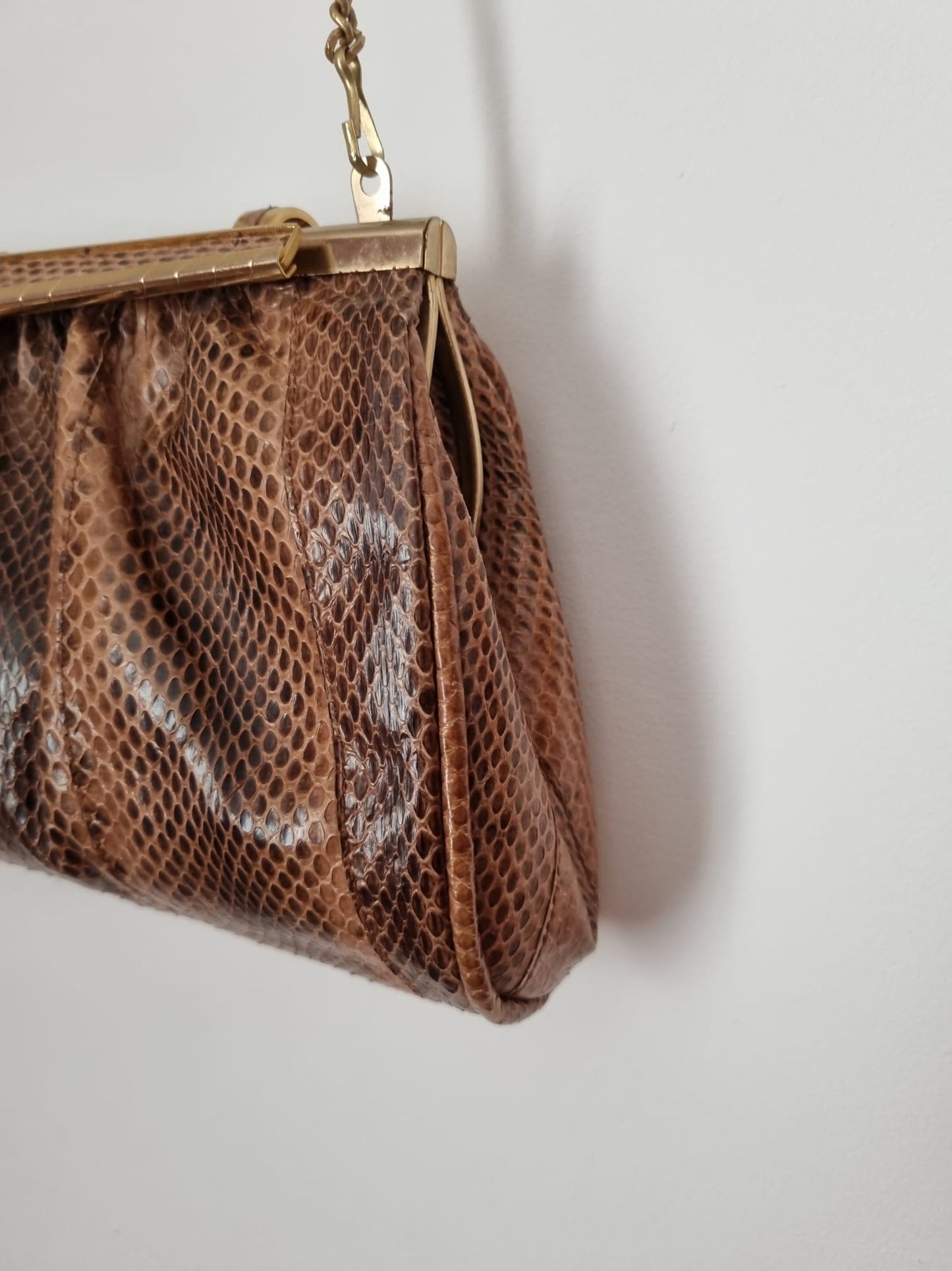 Brown Snakeskin Leather Shoulder Bag with Gold Chain Strap Vintage
