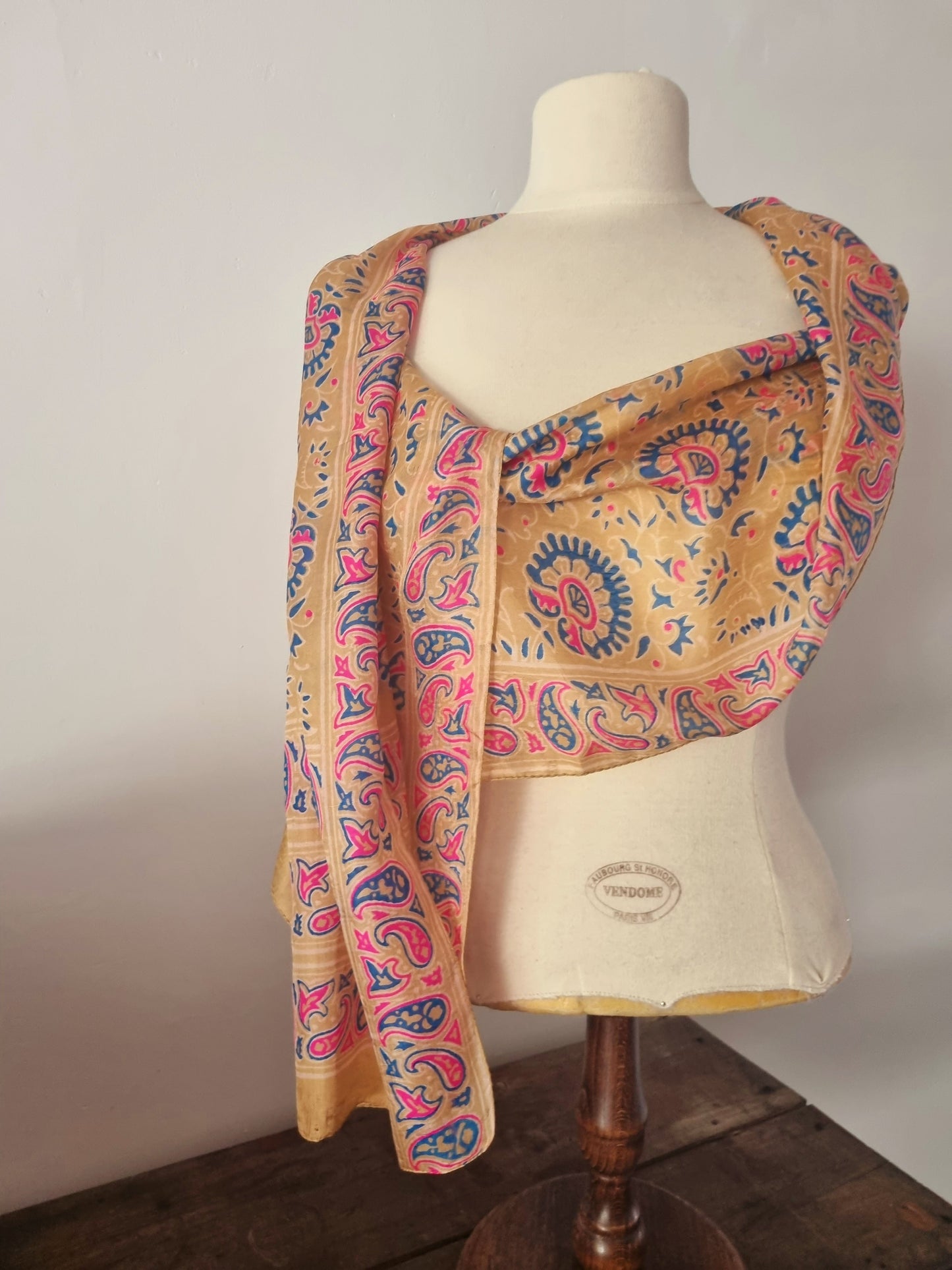 Vintage Scarf Beige Blue Pink Paisley Print Handmade Accessory