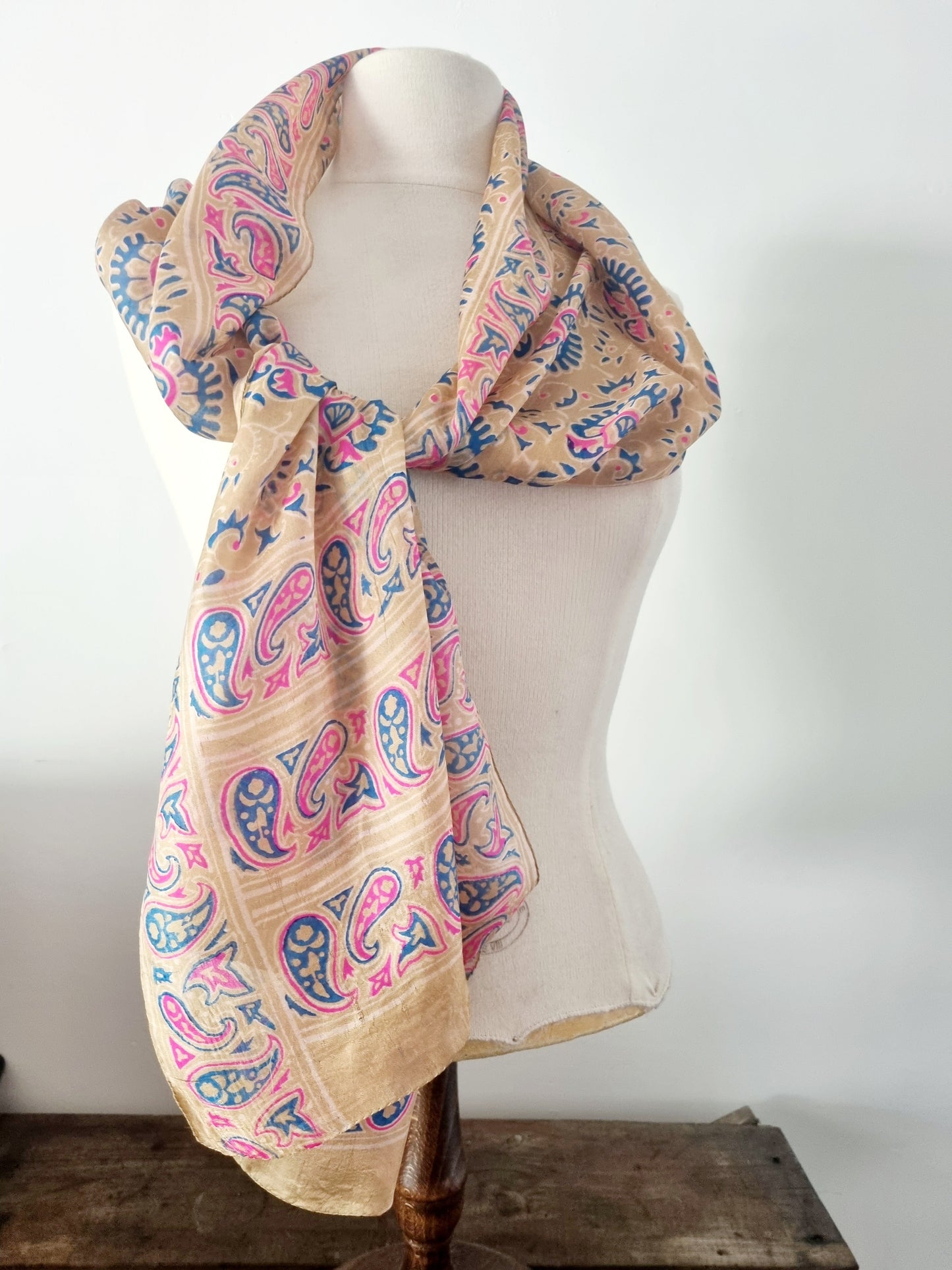 Vintage Scarf Beige Blue Pink Paisley Print Handmade Accessory