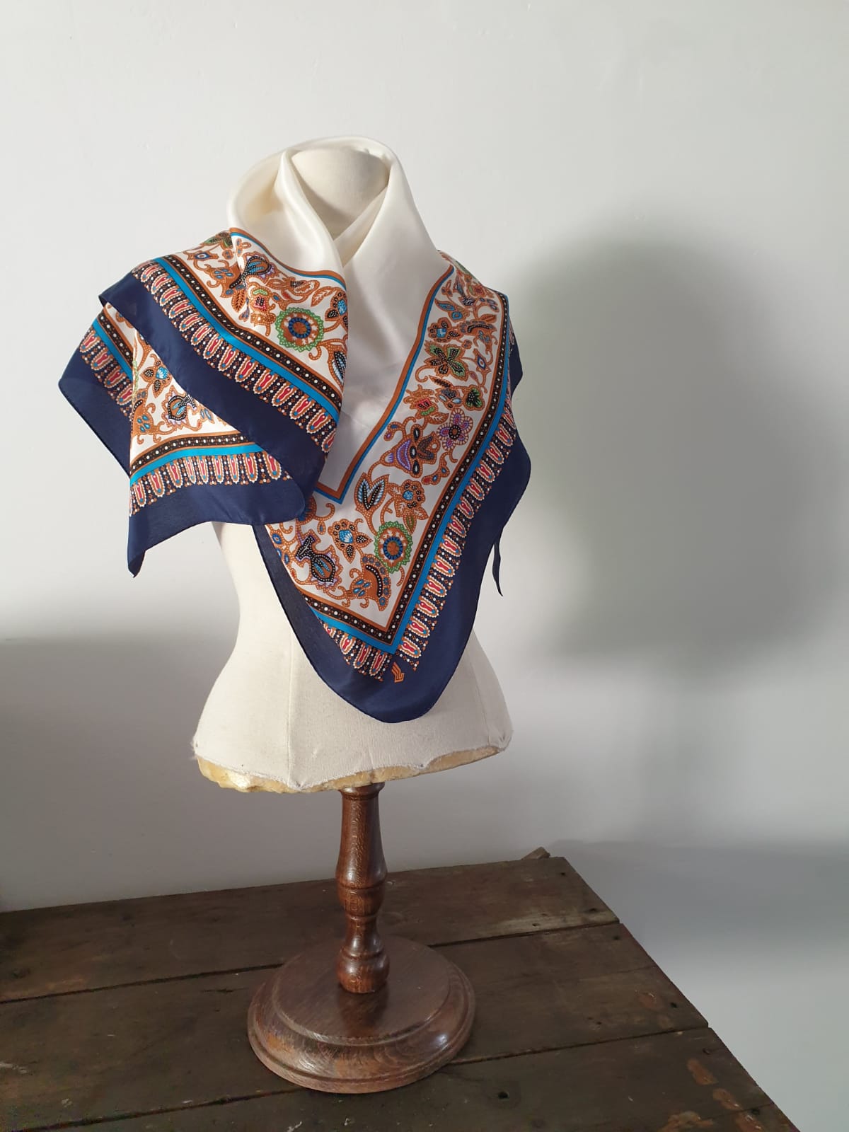 Vintage Scarf 1970s The White and Blue One Unique Handmade Accessory