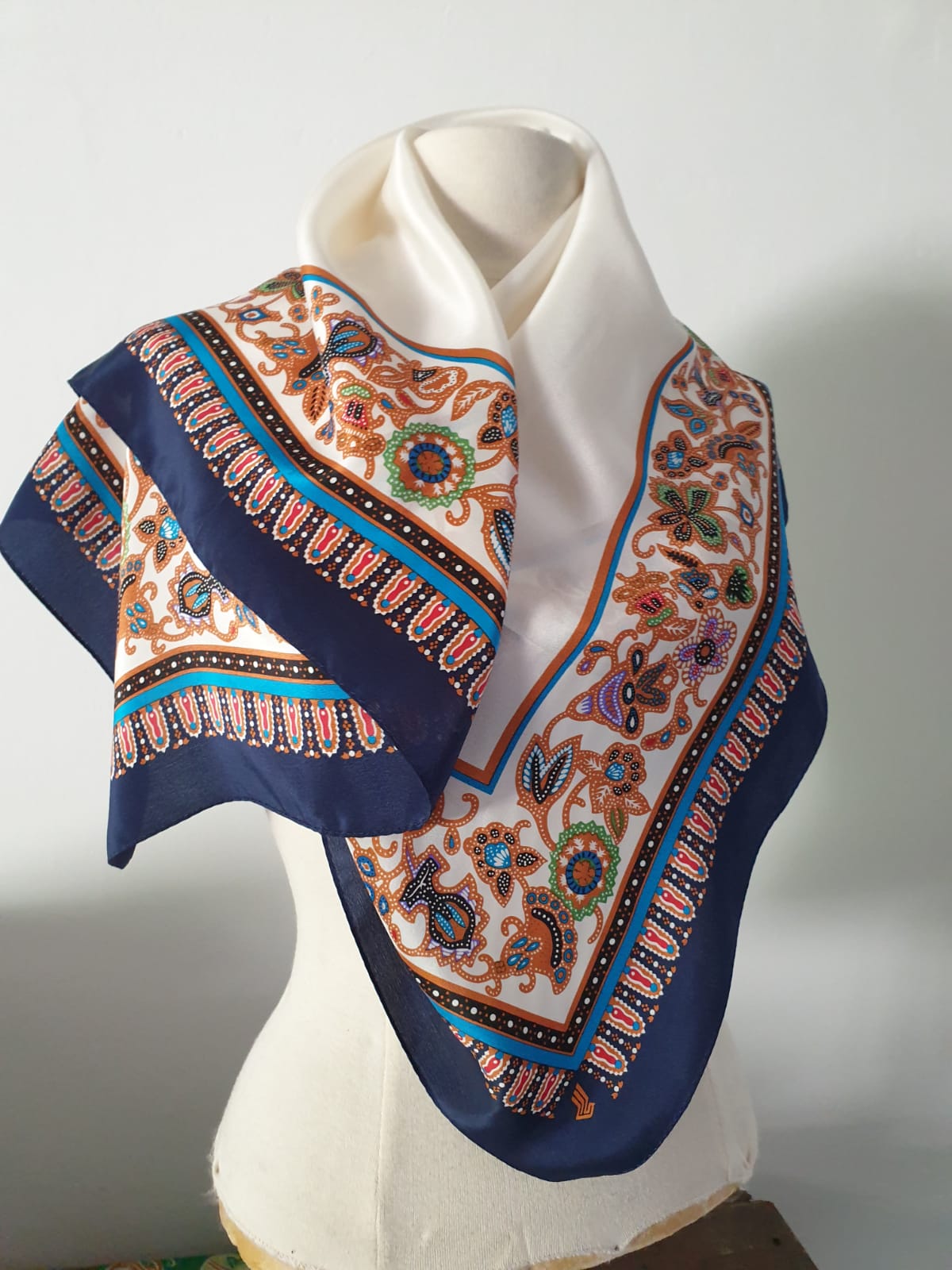 Vintage Scarf 1970s The White and Blue One Unique Handmade Accessory