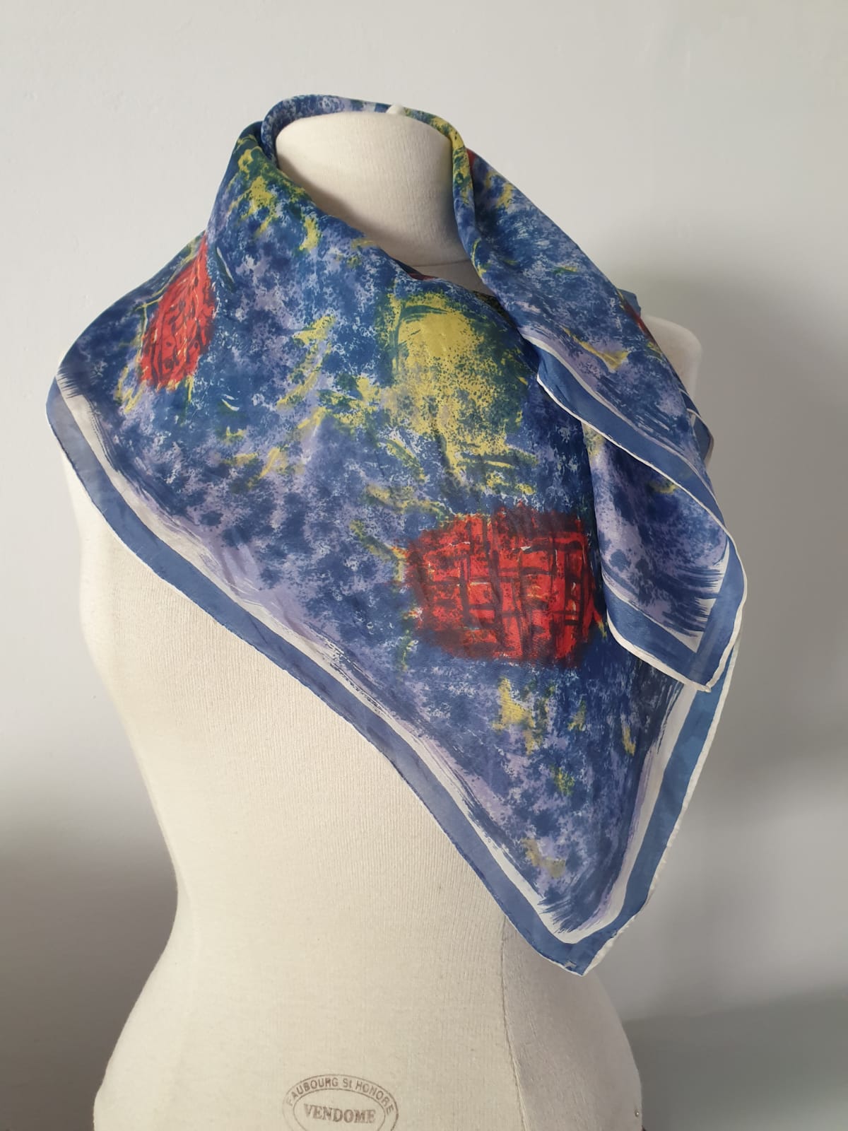 Vintage Scarf Blue Patterned Handmade Unique Design Accessory