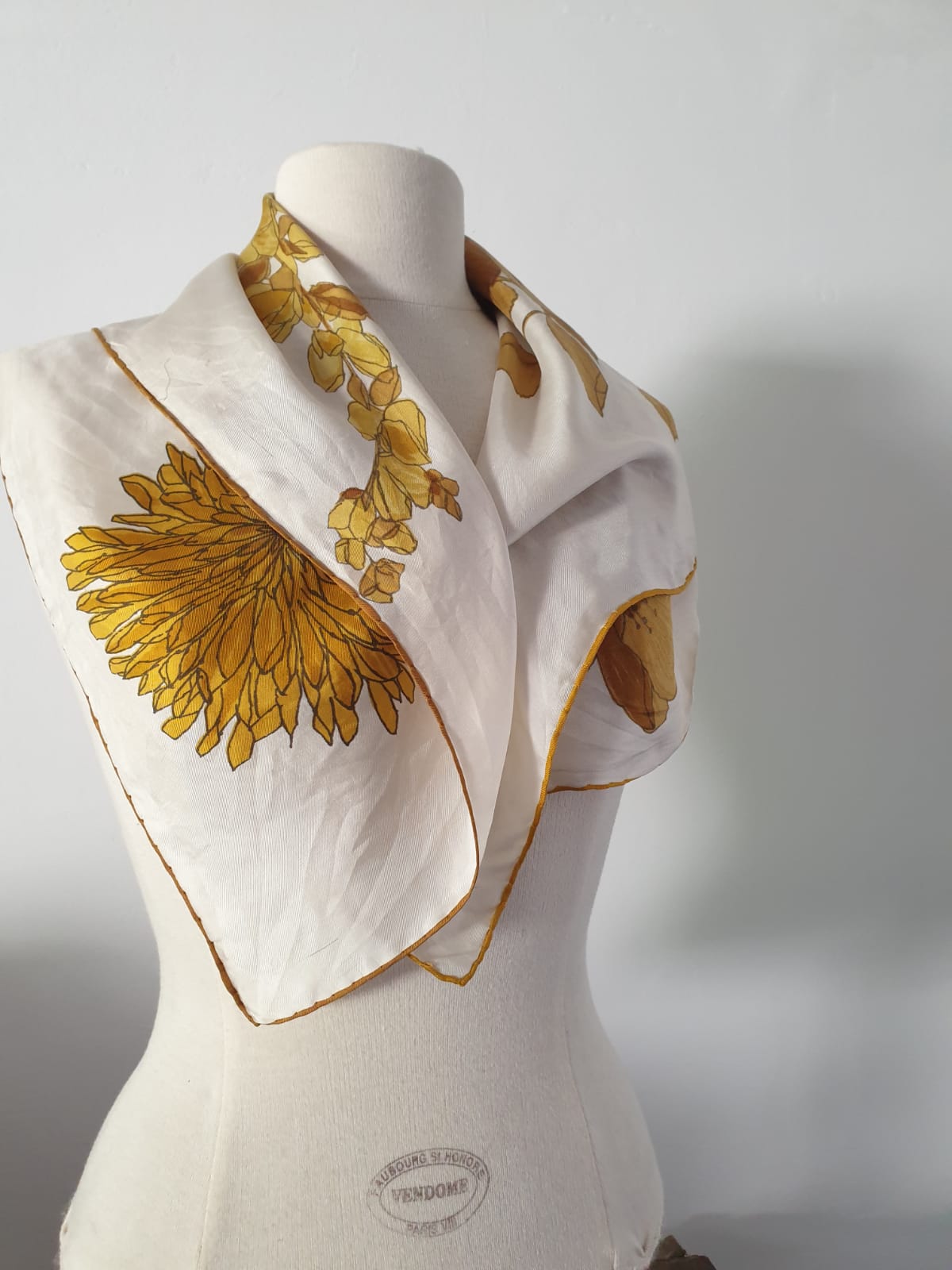 Vintage Scarf 1960s White and Yellow Floral Design Accessory