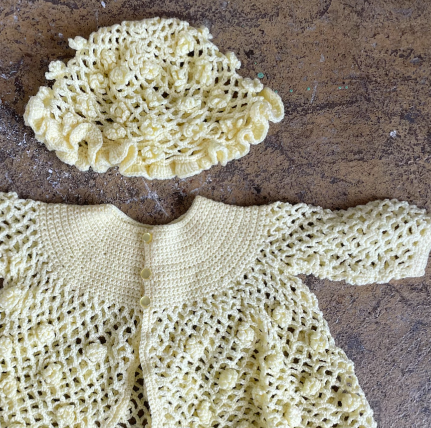 Vintage Handmade Crochet Yellow Hat and Cardigan Floral Set