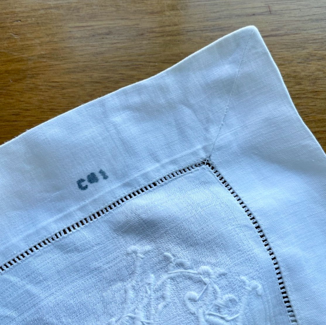 Vintage White Embroidered Initialled Striped Tablecloth Fabric