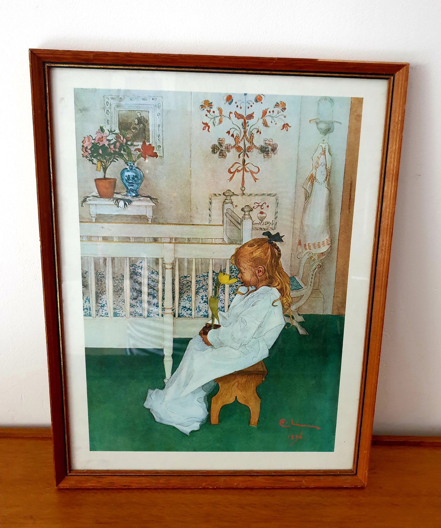 Vintage Artwork Print for Home Featuring Seated Girl with Plant Pot