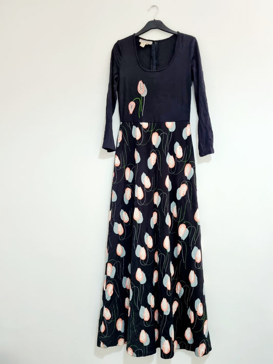 Gigi Vintage Black and Pink Tulip Design Maxi Dress UK 10 - Vintage Appreciation Society