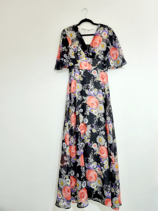 Vintage VNeck Charcoal Maxi Vintage Dress with Bold Floral Design UK 16 - Vintage Appreciation Society