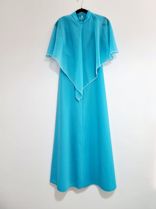 Vintage Azure Blue Mermaid High Neck Cape Dress UK 16 - Vintage Appreciation Society
