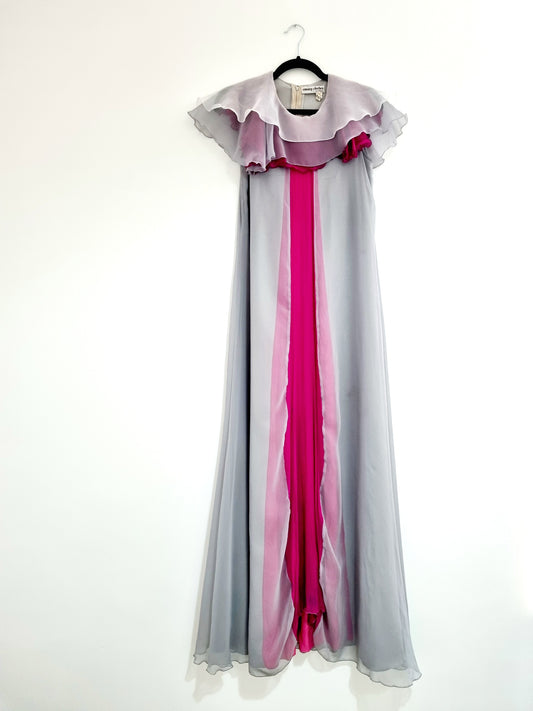 County Clothes of Cheltenham Vintage Grey & Pink Floaty Layered Evening Dress UK 16 - Vintage Appreciation Society