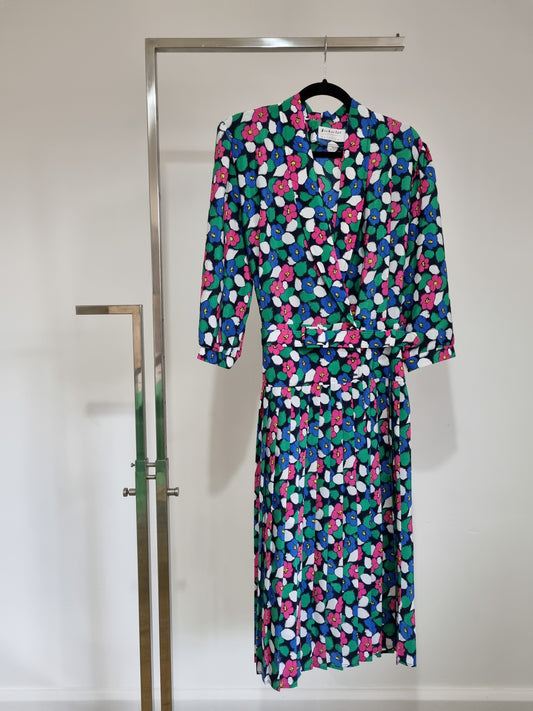 Vintage Berketex Loud Flower Print Pleated VNeck Drop Waist Midi Dress (SMALL) - Vintage Appreciation Society