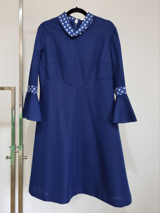 DL Barron Midsize Vintage Blue and White Polka Dot Bell Sleeve Dress UK 14 - Vintage Appreciation Society