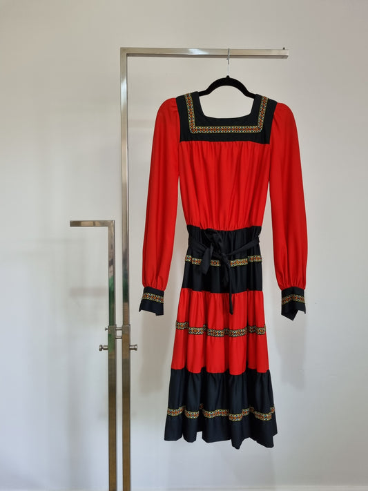 Handmade Vintage Square Neck Red European Style Dress UK 10 - Vintage Appreciation Society