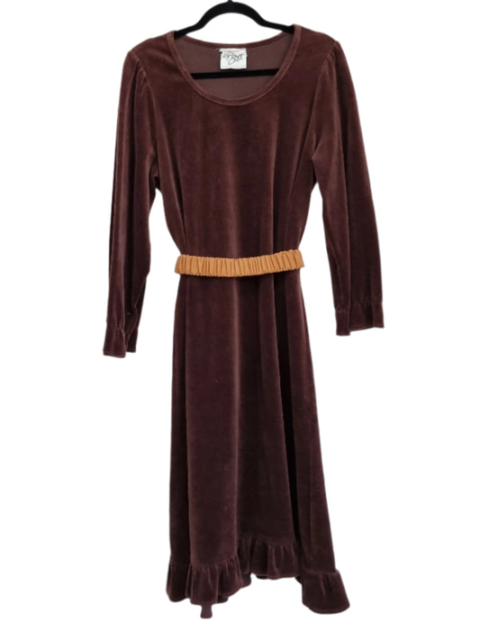 Cygnet Vintage Brown Round Neck Ruffle Velvet Midsize Dress UK 14 - Vintage Appreciation Society