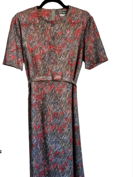 DL Barron Vintage Red and Green Patterned Half Button Day Dress UK 16 - Vintage Appreciation Society